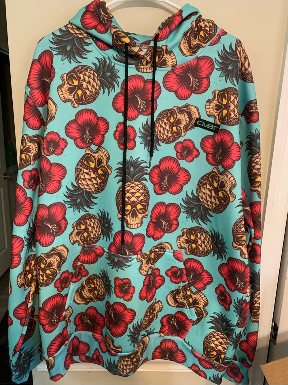 Men’s Teal Skull & Pineapple Hoodie with Red Hibiscus